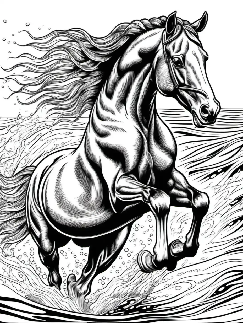 Tranquil Scene Adult Coloring Book Illustration of a Majestic Horse Galloping Through Water