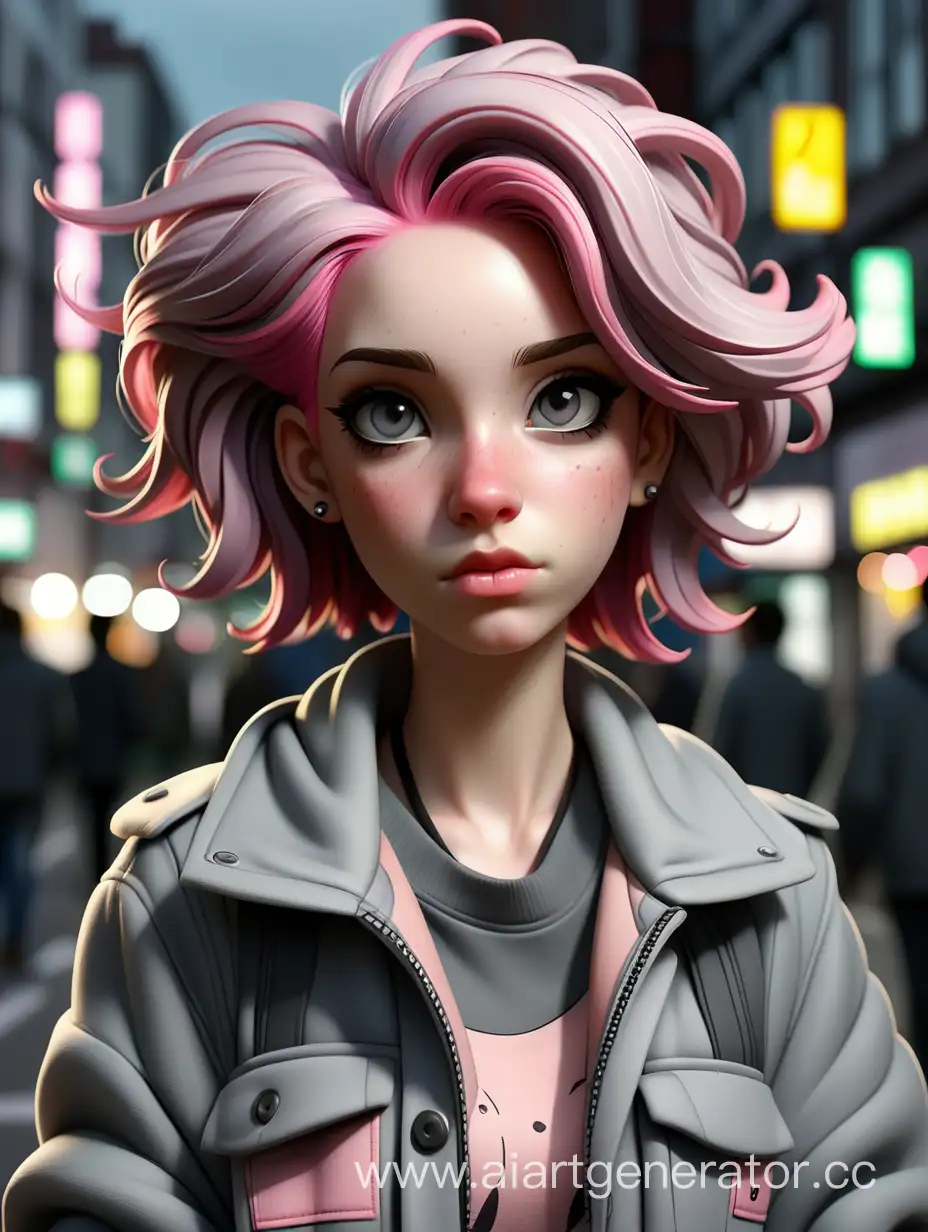  девушка с розовыми волосами, в серой куртке, на оживлённой улице, вечером, высоко детализированное