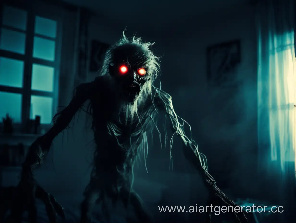 Humanoid scary monster in the apartment in the dark with glowing eyes for scary stories