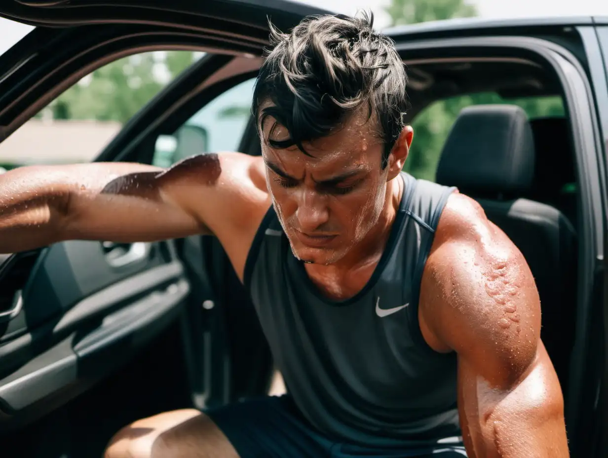 Sweaty Athlete Exiting Car After Intense Workout