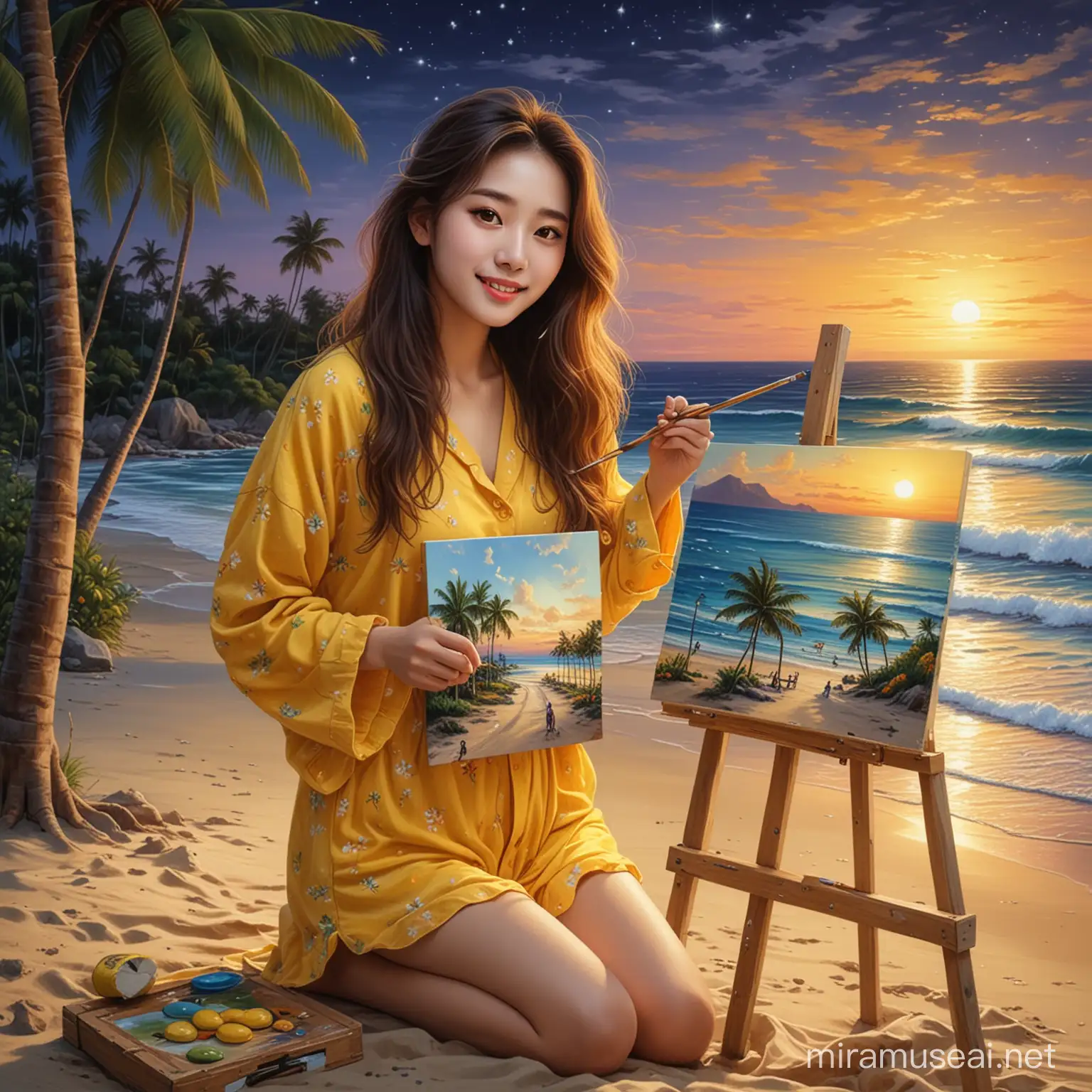 Korean Woman Painting Serene Beach Landscape at Night