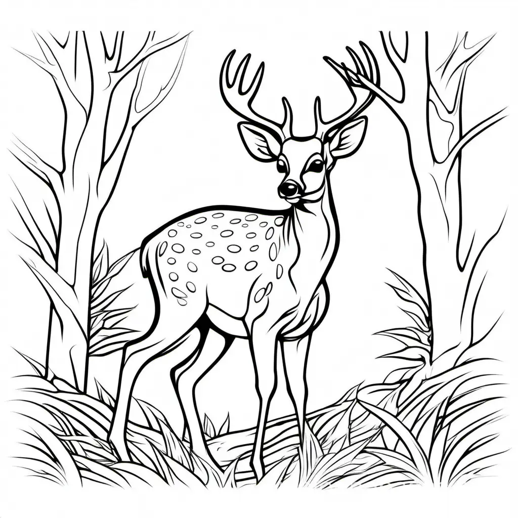 The white-tailed deer, Coloring Page, black and white, line art, white background, Simplicity, Ample White Space. The background of the coloring page is plain white to make it easy for young children to color within the lines. The outlines of all the subjects are easy to distinguish, making it simple for kids to color without too much difficulty