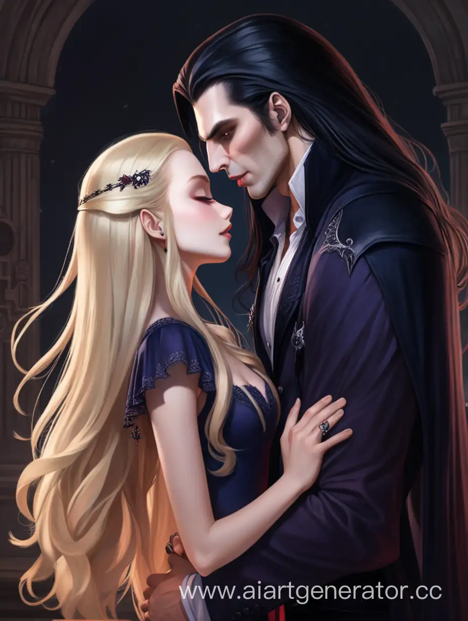 красивый высокий вампир с длинными черными волосами обнимает красивую девушку с длинными русыми волосами