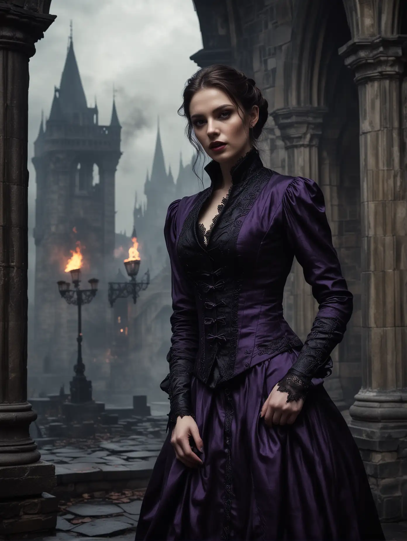 Setting: A dark Victorian castle with Gothic details and a slight mist around.Character: A vampire woman appearing to be 30 years old, dressed in an elegant Victorian waistcoat and other period clothing, with a seductive and mysterious air.Positioning: The vampire is positioned slightly tilted towards the camera, with a seductive gaze and a faint smile. He is partially shrouded in shadows, suggesting an air of mystery.Flame elements: There are flame running down the vampire's body and scattered on the castle floor, adding a dark touch.Predominant colors: Predominantly violet, with dark tones and deep shadows to create a gloomy and sinister atmosphere.