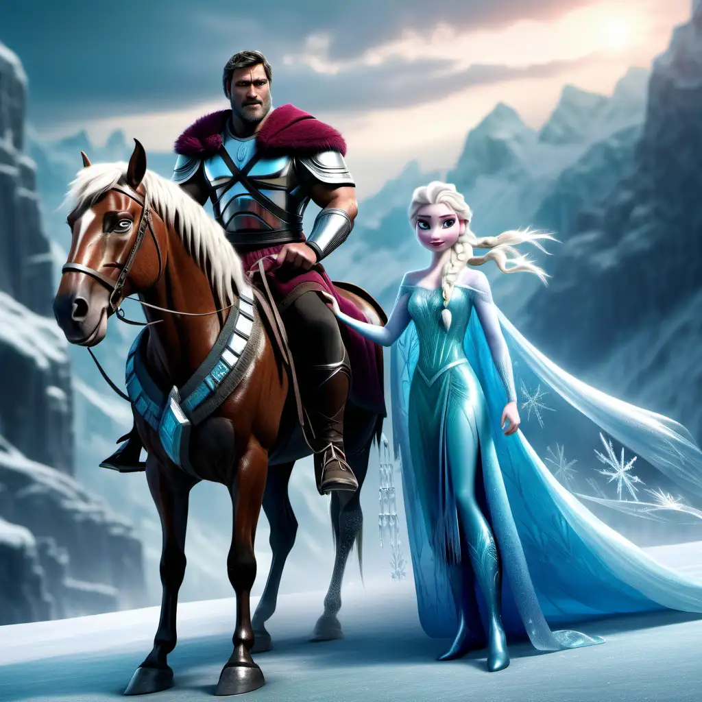 elsa frozen on horse with strong spartan man