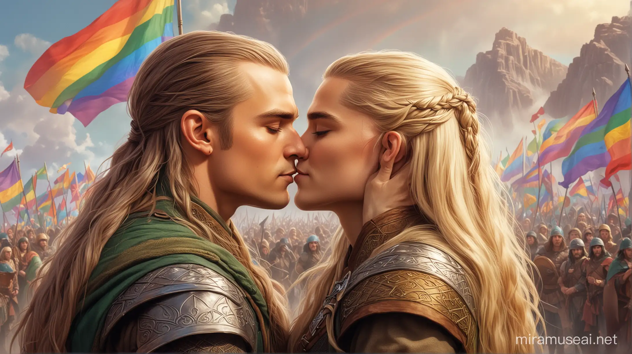 Legolas and Gimli kissing, fantasy army in the background, lgbt flags, rainbow, correct anatomy