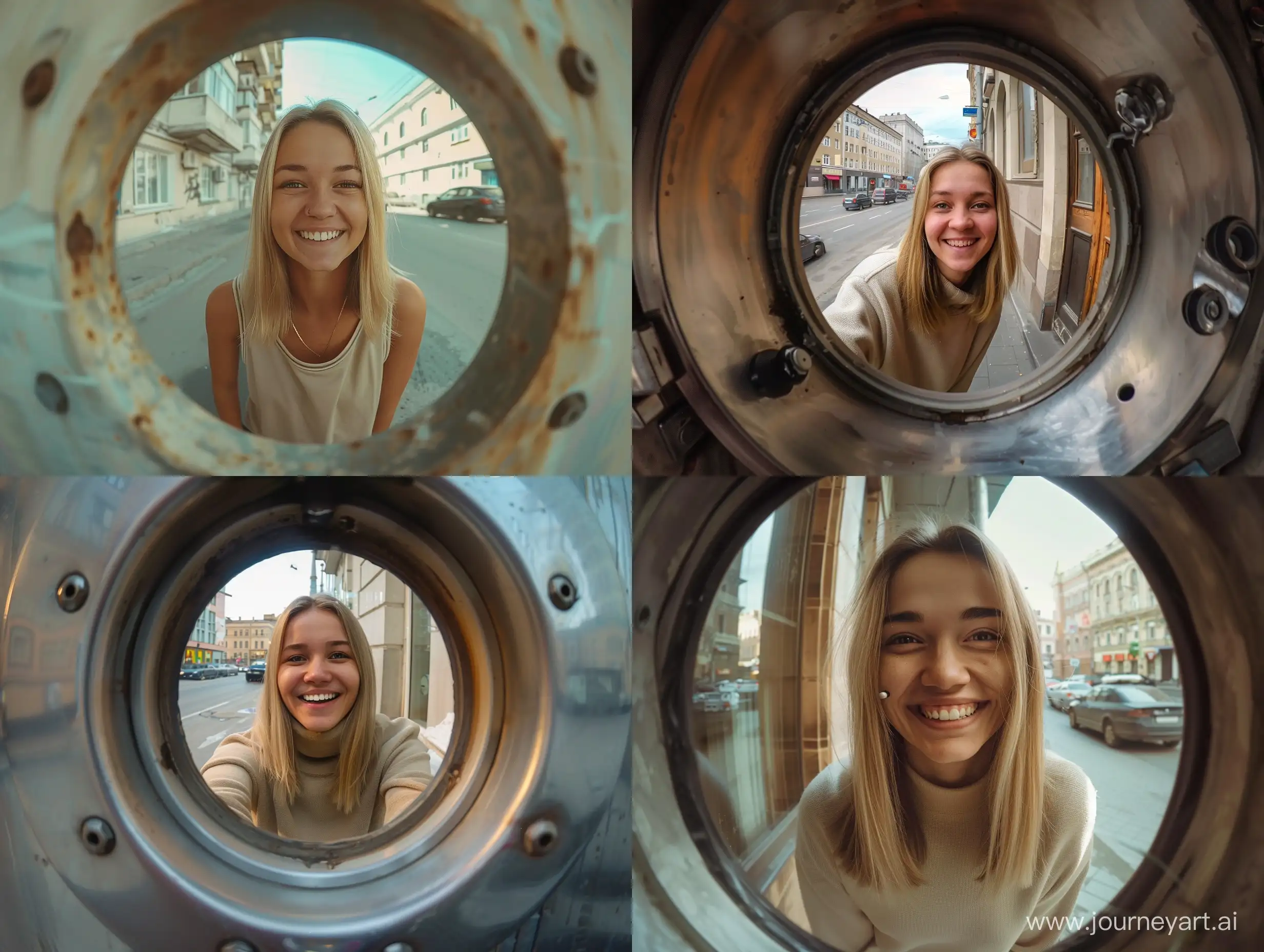 Magic eye short of Girl 30 years old, she is being seen through the peephole of a door, she smile, straight hair, below shoulder Length, blonde beige color, moscow city street background, take with gopro hero9 black camera with gopro super suit dive housing