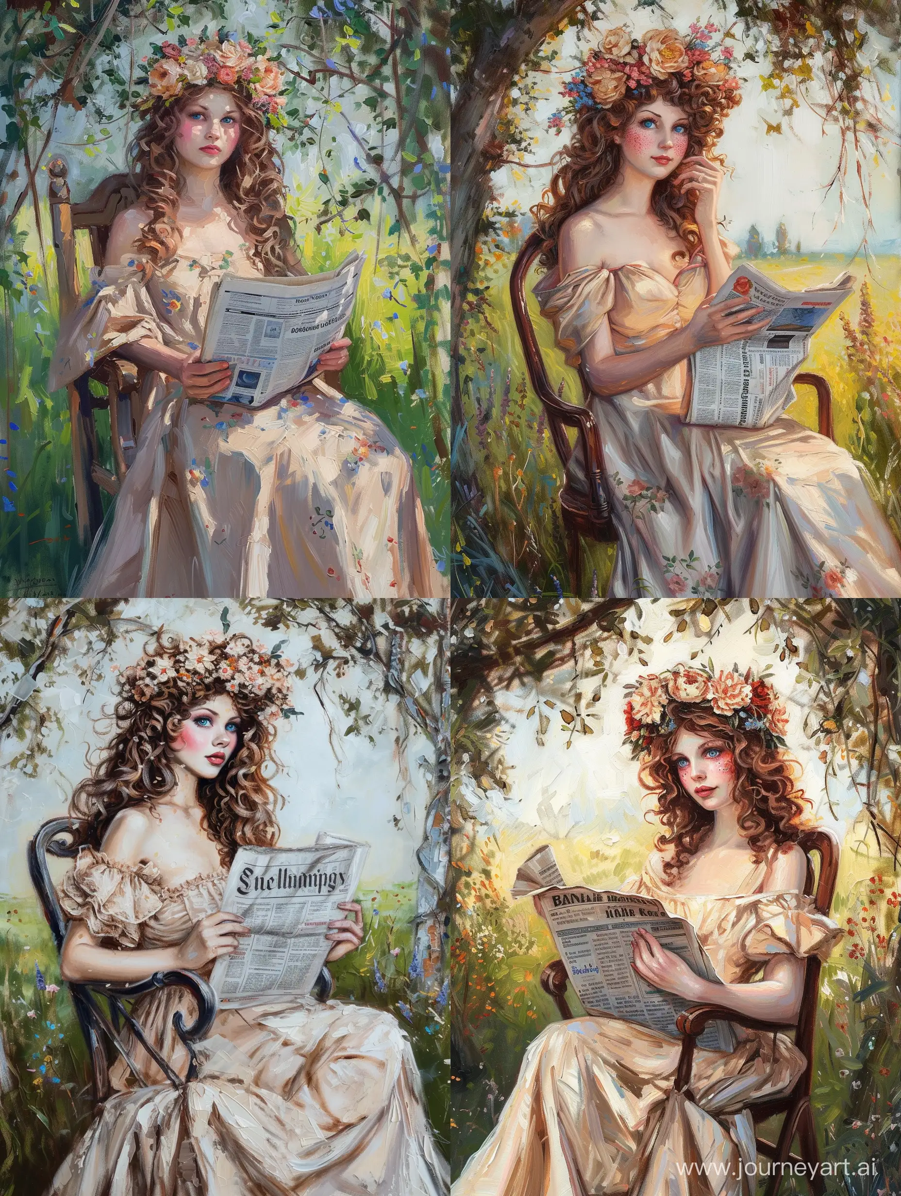 Beautiful impressionism painting of a British lady wearing floral crown,rosy cheeks,muscara blue eyes,white tan skin,brown curly styled long hair, long gown dress reading newspaper while sitting on chair under medow's sunlight coming through canopy of beautiful wild trees, impressionism painting with visible highly detailed brush strokes