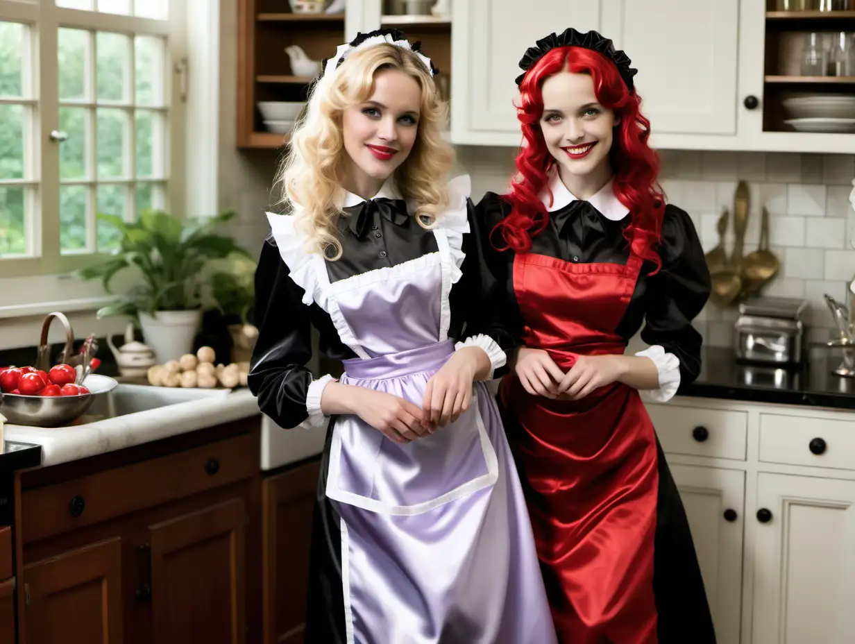 girls in long crystal silk satin red black,lila retro victorian maid gown with white apron and peter pan colar and long sleeves costume and milf mothers long blonde and red hair,black hair rachel macadams  smile in kitchen garden