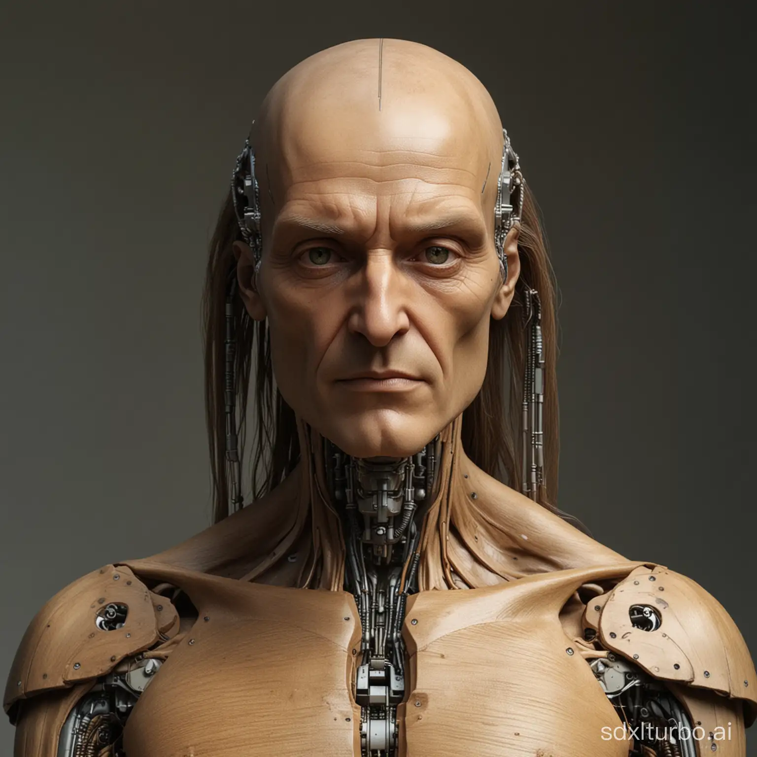 Leonardo Da Vinci half-cyborg sits straight face frontal