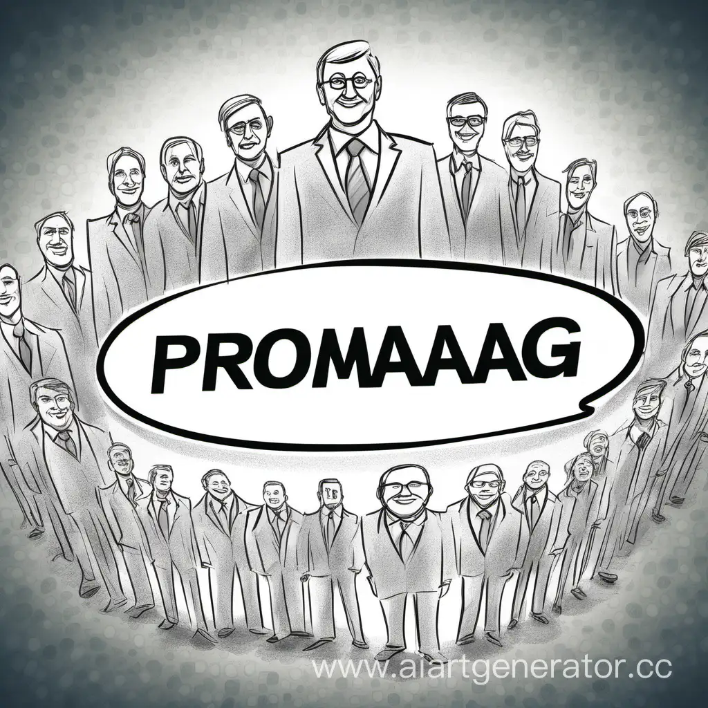 Нарисуй картинку с менеджерами на заднем фоне слово PROMANAG