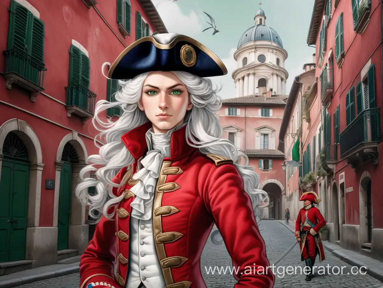 A tall girl with waist-length white wavy hair, green eyes, and a scar on her nose. She is dressed in a red guards men's jacket of the highest society of the 18th century. On his head is a cocked hat with feathers. Full height. It stands against the background of the street of the old Italian city. A sword in his hand. Marvel comics style