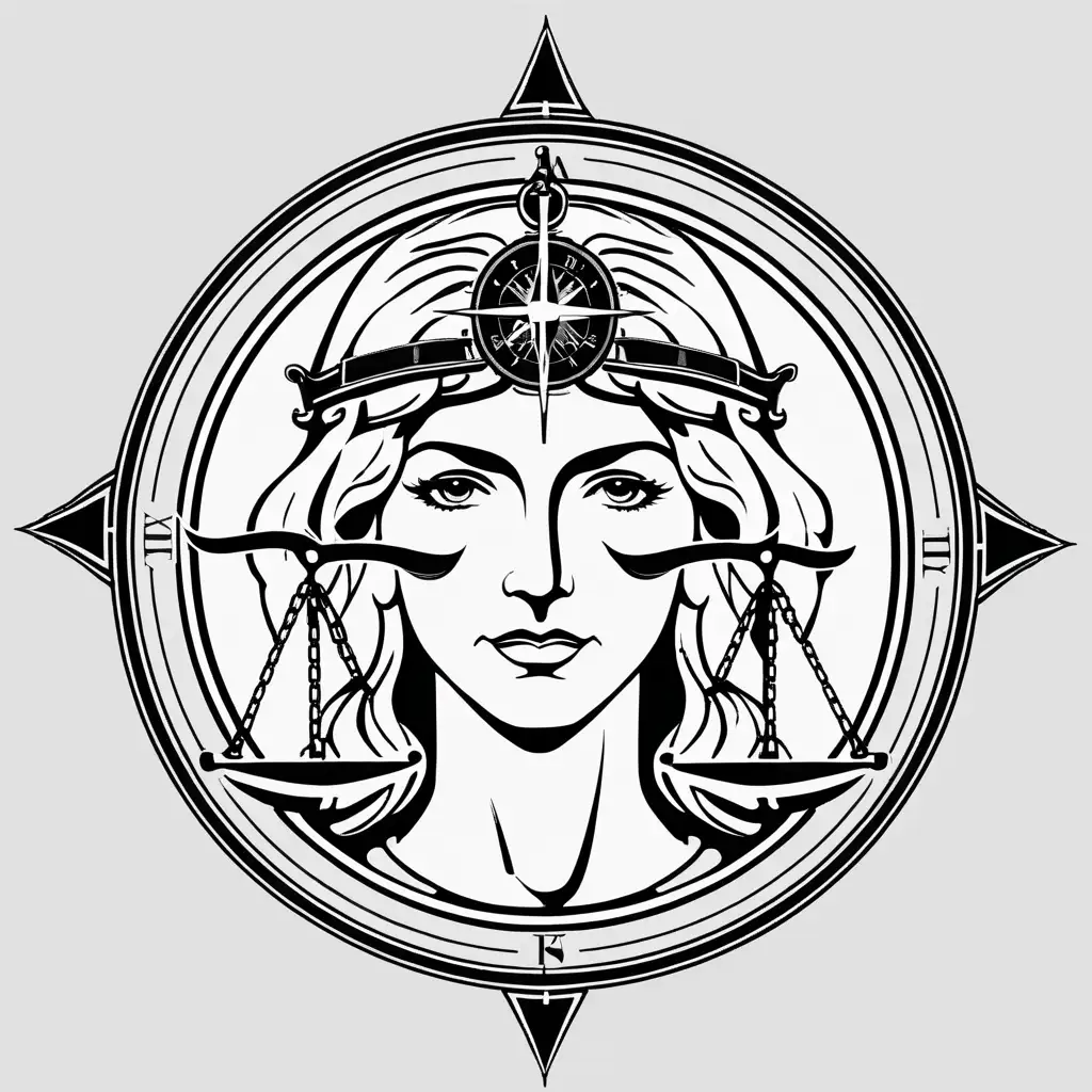 Lady Justice face, in a compas, outline, logo