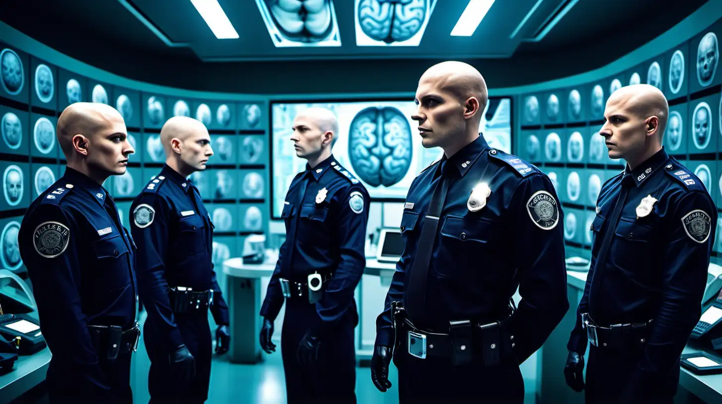 Flash light Instagram photo of non emotional faced police motorcycle officers caucasian  in tight rubber uniforms with shaved heads standing at attention,  in a futuristic medical research laboratory with larges screens in the background showing images of human male bodies and brains, --ar 2:3 --v 6.0