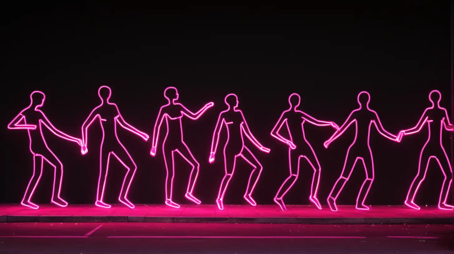 Vibrant Neon Stick Figures Dancing in Synchronized Harmony