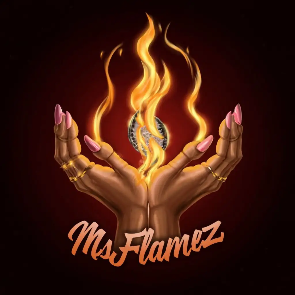logo, brown woman hands, rose pink nails, torch, fire, 3d,, with the text "MsFlamez", typography