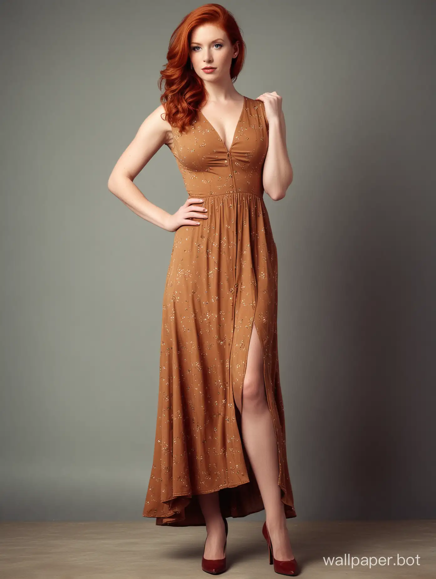 Vintage style, redhead female, big chest, sleeveless full slit dress, heels, standing.