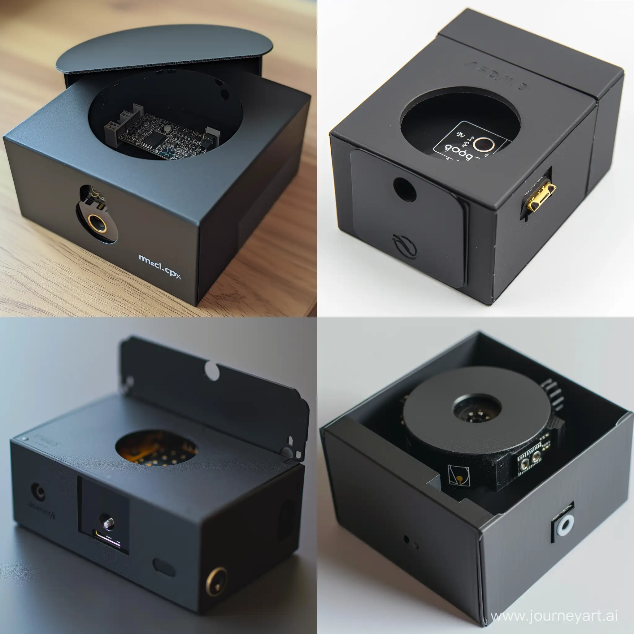 Black project box, the top side can be opened, a circular hole in the middle of the top side, on the side of the hole is a push button, from the hole you can see a ESP-32. --v 6 --ar 1:1 --no 24082