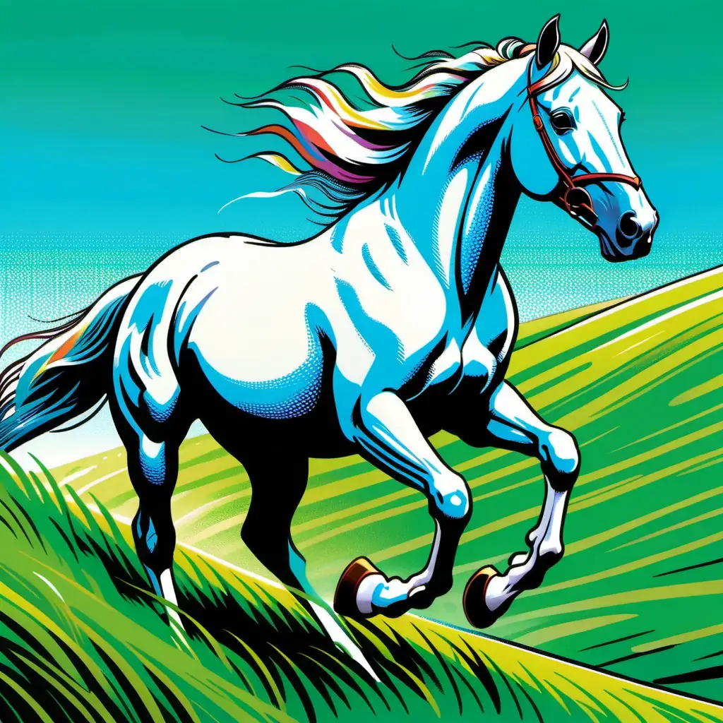 White horse galloping up a steep grass hill , dynamic, pop art style, comic book illustration, vivid colors , artistic, detailed 
