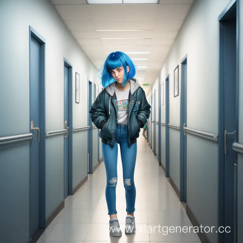 Девочка с синими волосами в пиджаке, туфлях, и джинсах ищет по коридору офиса где есть другие люди.