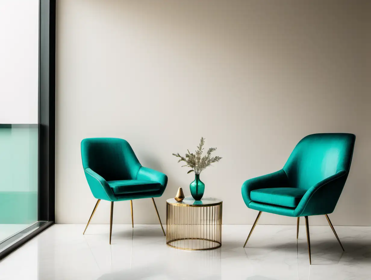 Commercial Photography, modern minimalist living interior with cream wall, turquoise and emerald hues chair and golden