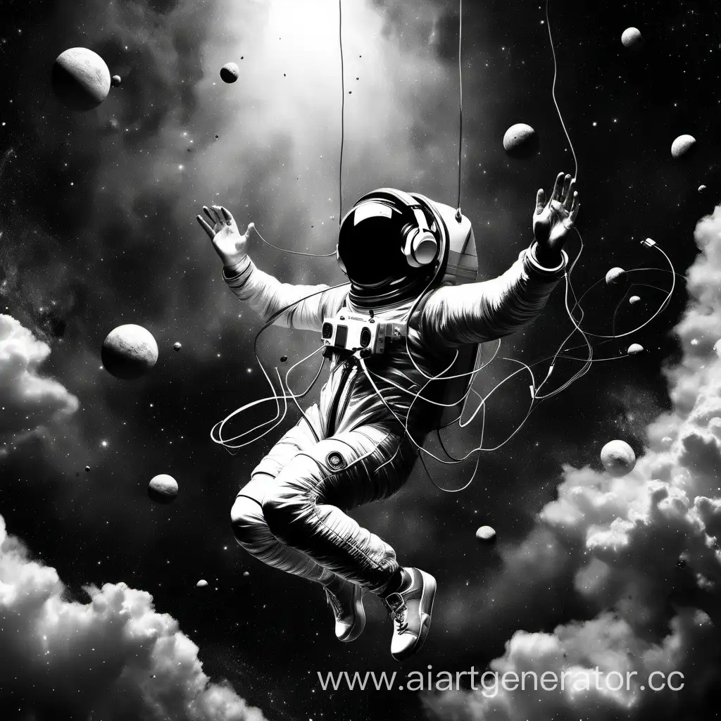 A person in headphones, floating in weightlessness, surrounded by space, black and white, 