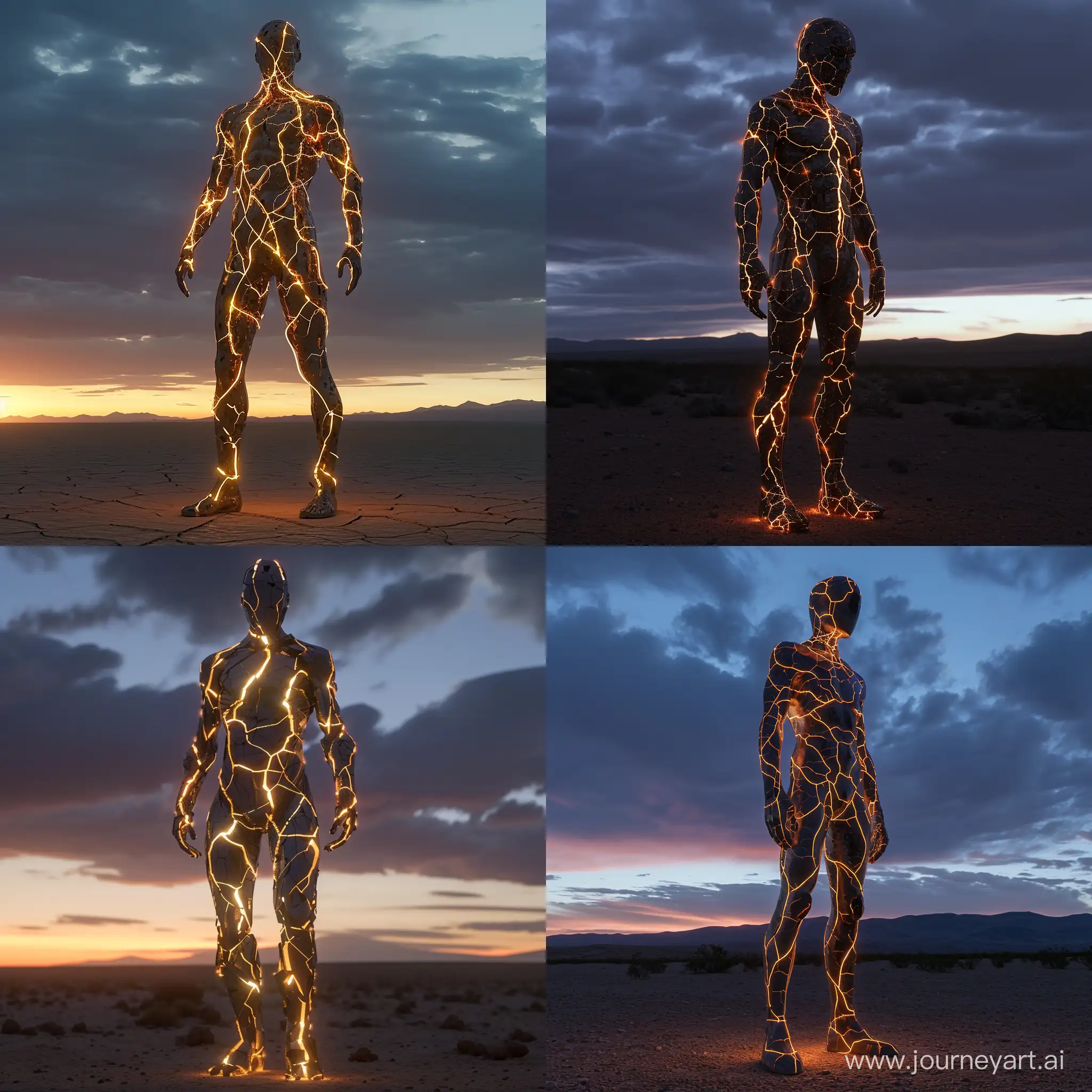 Meta Human with bio-illuminated cracks like veins, all over body, standing on an open desert evening
