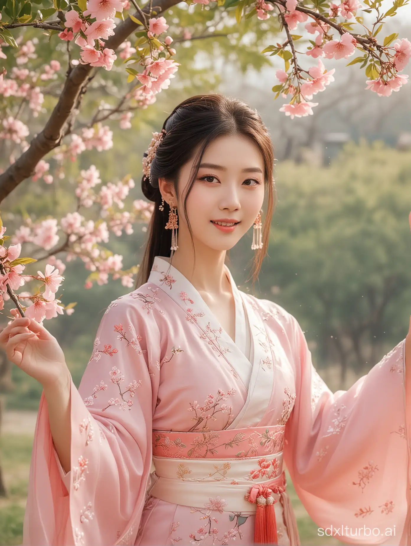 A Chinese girl wearing Hanfu, with a beautiful face, slim figure, exquisite embroidery on Hanfu, exquisite headwear on long hair, standing under a blooming peach tree, smiling at the audience, petals fluttering in the wind, soft natural light, spring atmosphere, and full body photography