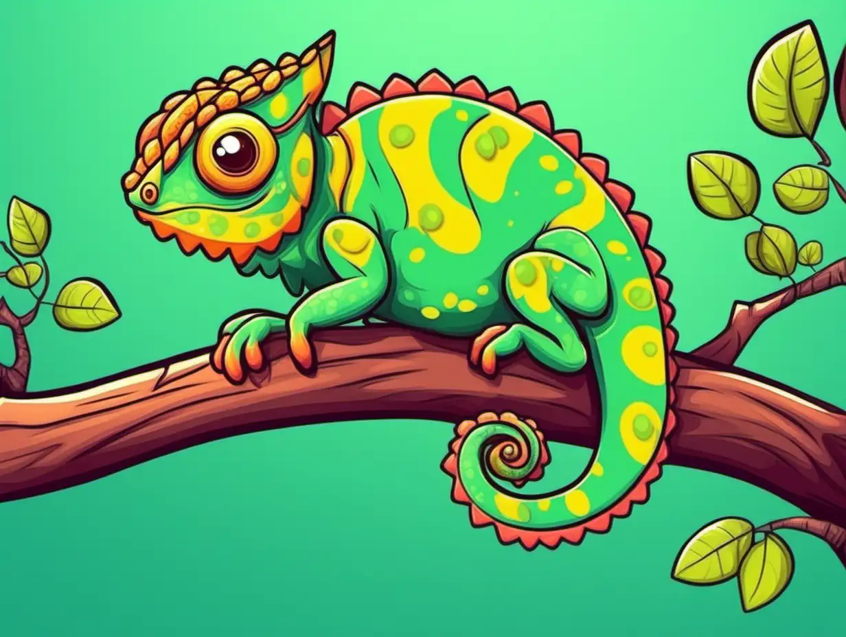Adorable Cartoon Chameleon Perched on a Lush Tree