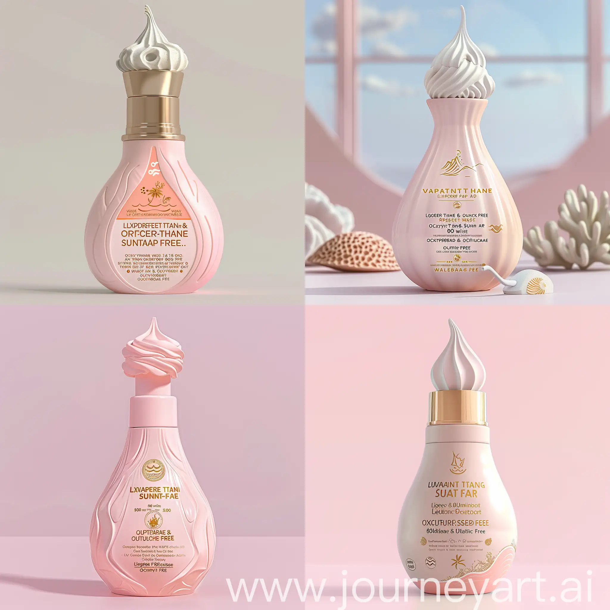 imagine a sleek, baby pink bottle. The bottle should have a dispenser and look luxorious. The cap should look like whipped cream. The product name is "Vacation Sunscreen Mouse". It also should have these labels written on the bottle: "Lighter-Than-Air" , "Water-Resistant (80 minutes)", "Oxybenzone & Octinoxate free." They should be wrtitten in gold color. Additionally, include symbols representing the product being eco-friendly, cruelty-free, and vegan attributes. Also add a small image of a wave and a coral reef on the bottle
