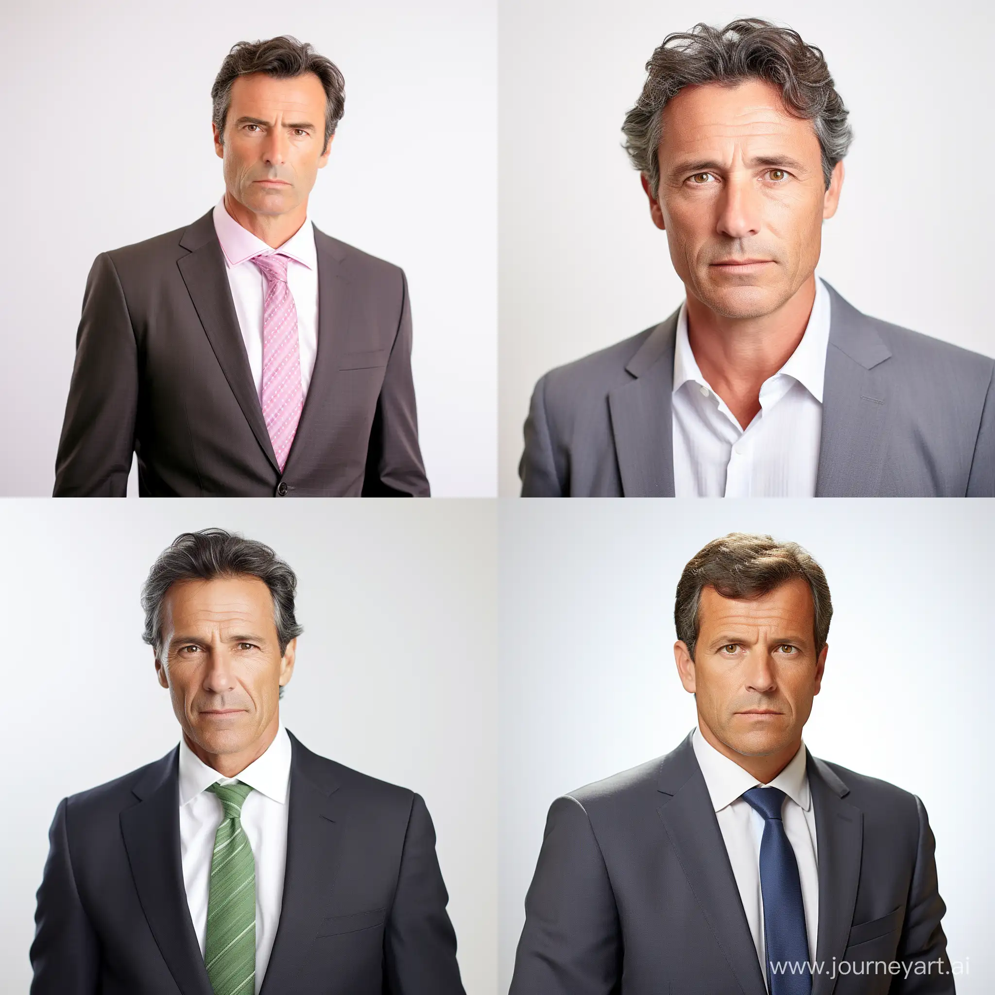 Man, Neutral expression, 50 years old, Dark hair, Light eyes, Business attire, White background, High resolution, Bright colors, Sharp, Natural light, Looks at camera, stands exactly