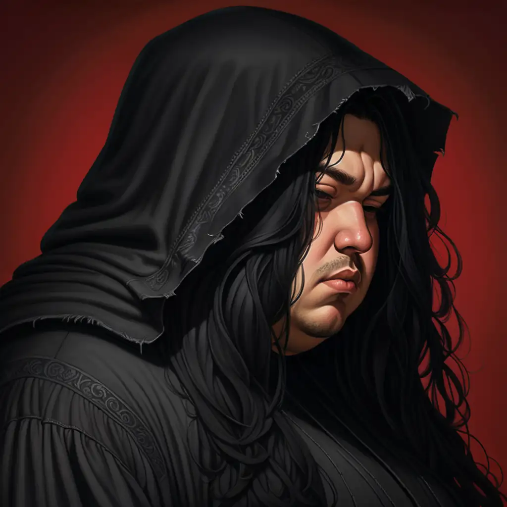 Chubby face, Mexican, long black hair, all black torn robe, hood covering eyes, half body, Renaissance, red background