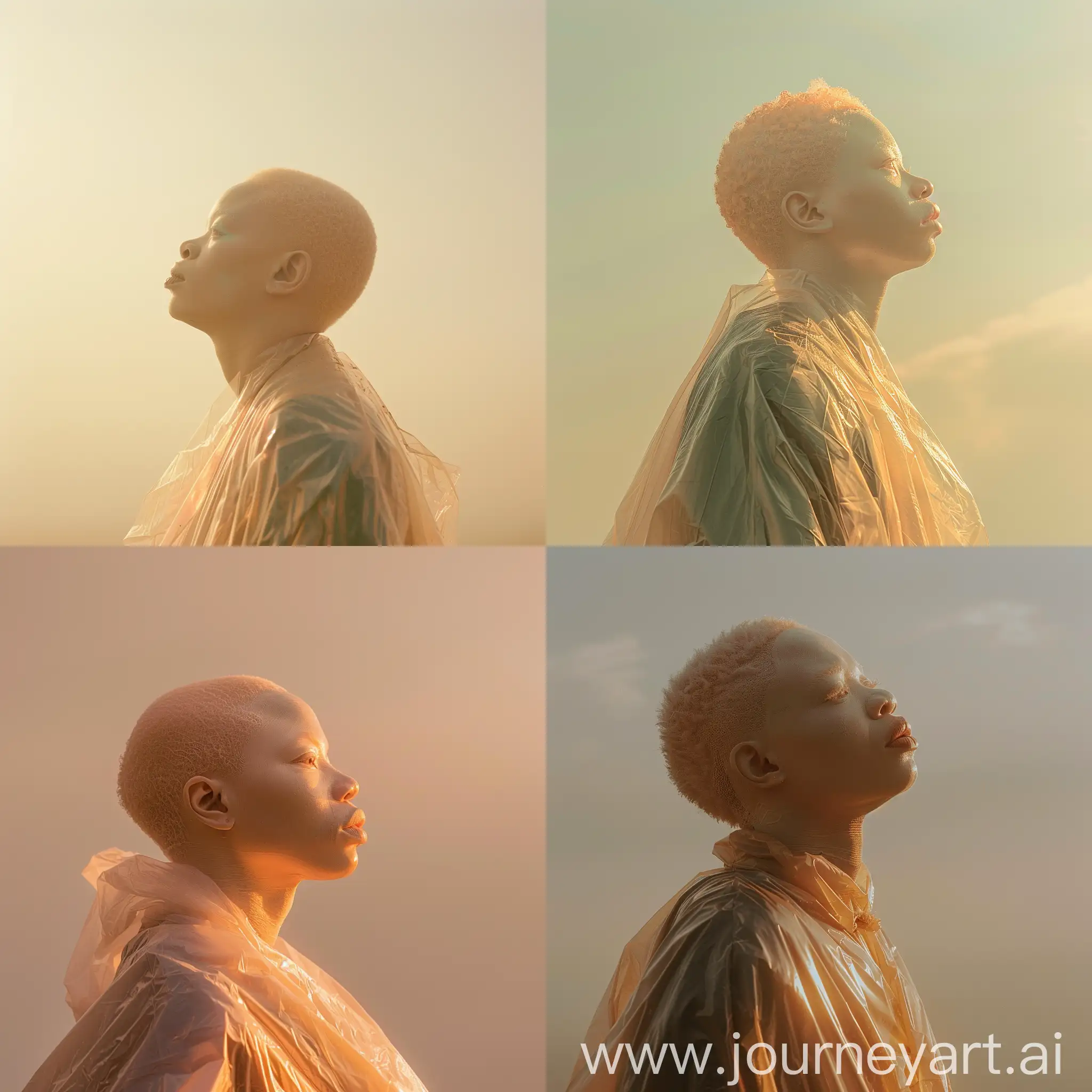 A profile picture of an African albino person looking towards the sun, wearing a plastic robe against a flat background. The image is captured with Kodak-style lighting, embodying a minimalistic aesthetic. The scene highlights the unique beauty and serene expression of the individual, with the sunlight softly illuminating their features. The background is uniform and unobtrusive, ensuring that the focus remains on the person and the interplay of light and shadow on their face and robe. The overall mood of the image is peaceful and contemplative, with a touch of warmth from the sunlight.