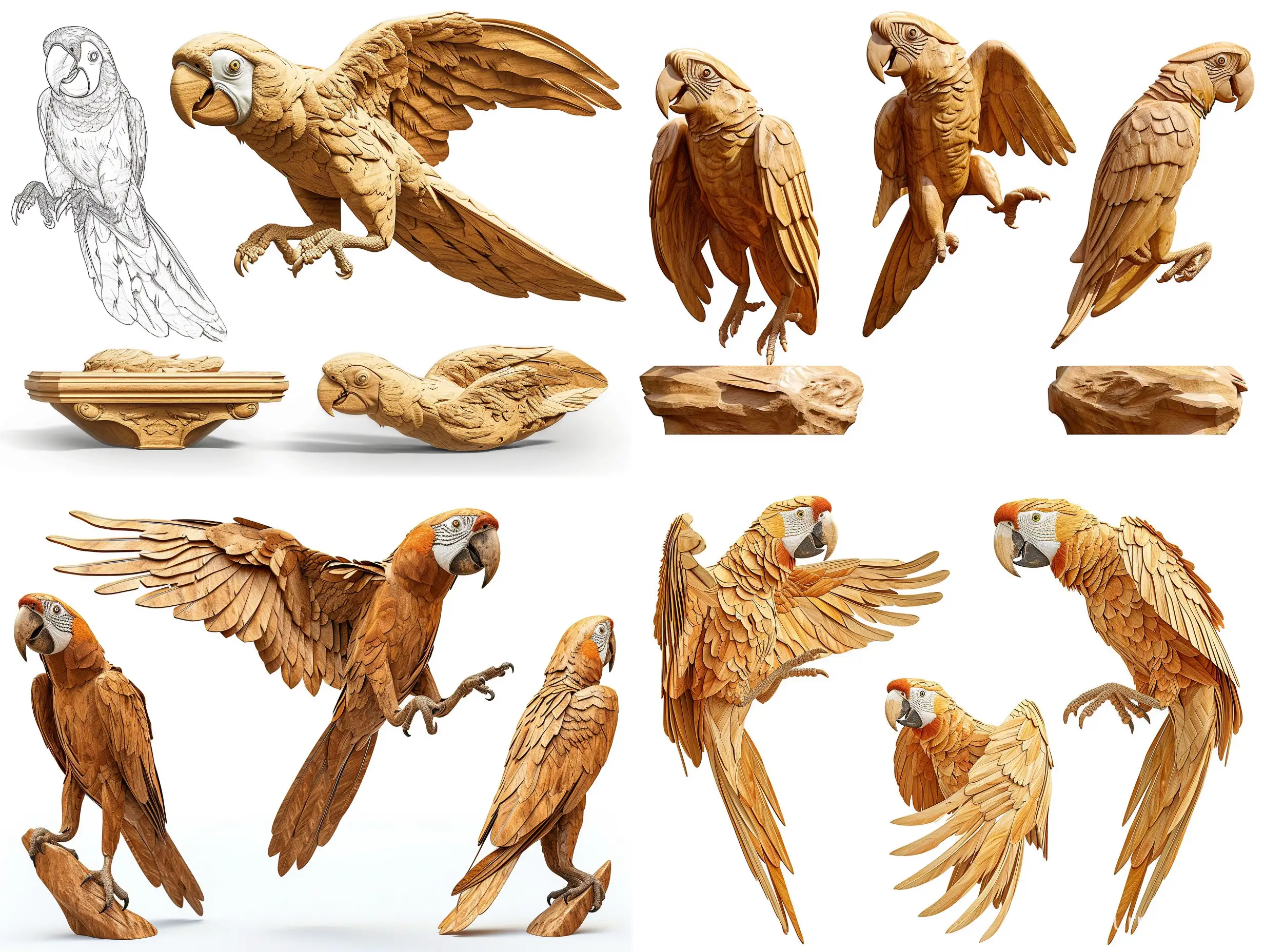 Professional sketch for wooden sculpture, a full-length parrot jumping full-face and in profile, professional dynamic character, front back view and side view, wood carving, white background, 8k Render, ultra realistic