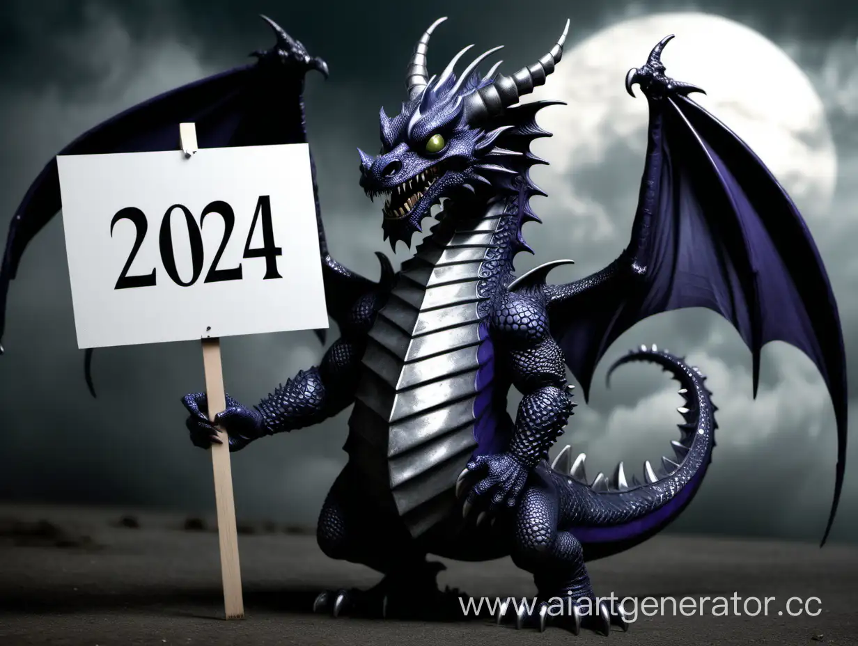 Злобный, готический Дракон держит надпись "2024"