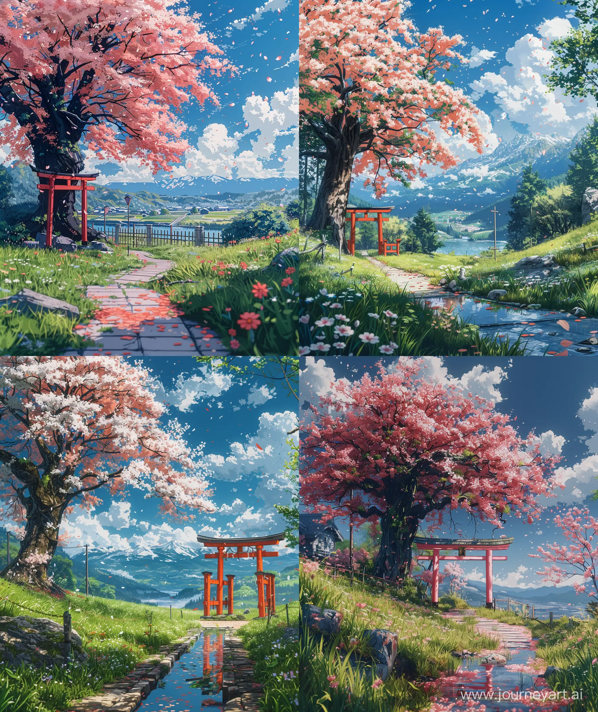Serene-Anime-Countryside-Cherry-Blossom-Walkway-with-Red-Torii-Gate