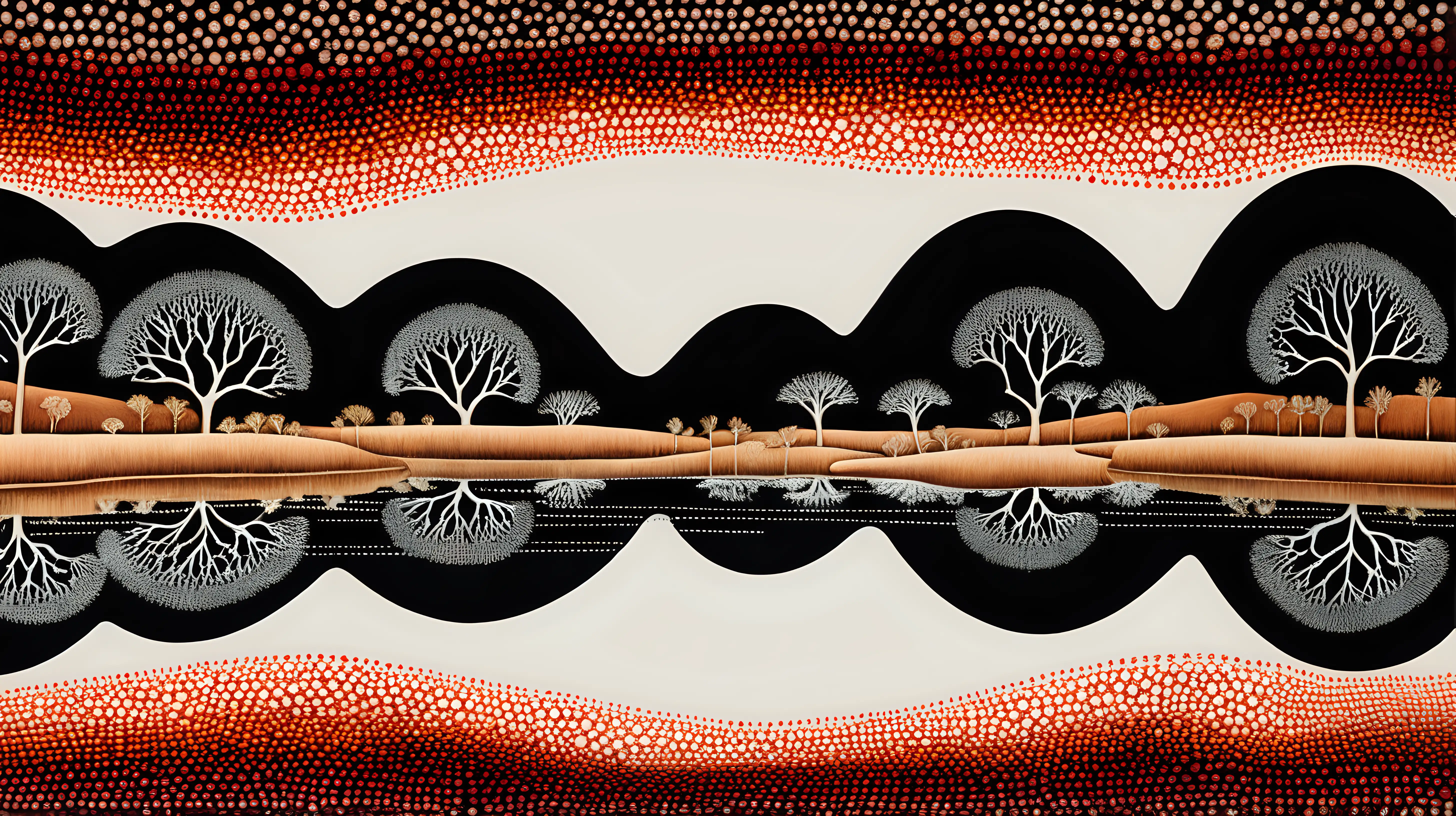 Ainslie Roberts style, Dreamtime dot art, aboriginal australia, lines, watercolor, intricate details, internal bushfire landscape mirrored on water's surface below, colour scheme centred on vibrant cream, white, ochre, red against a stark black, black negative space, backdrop, chiaroscuro enhancing the intricate details, in a digital Rendering “v6”