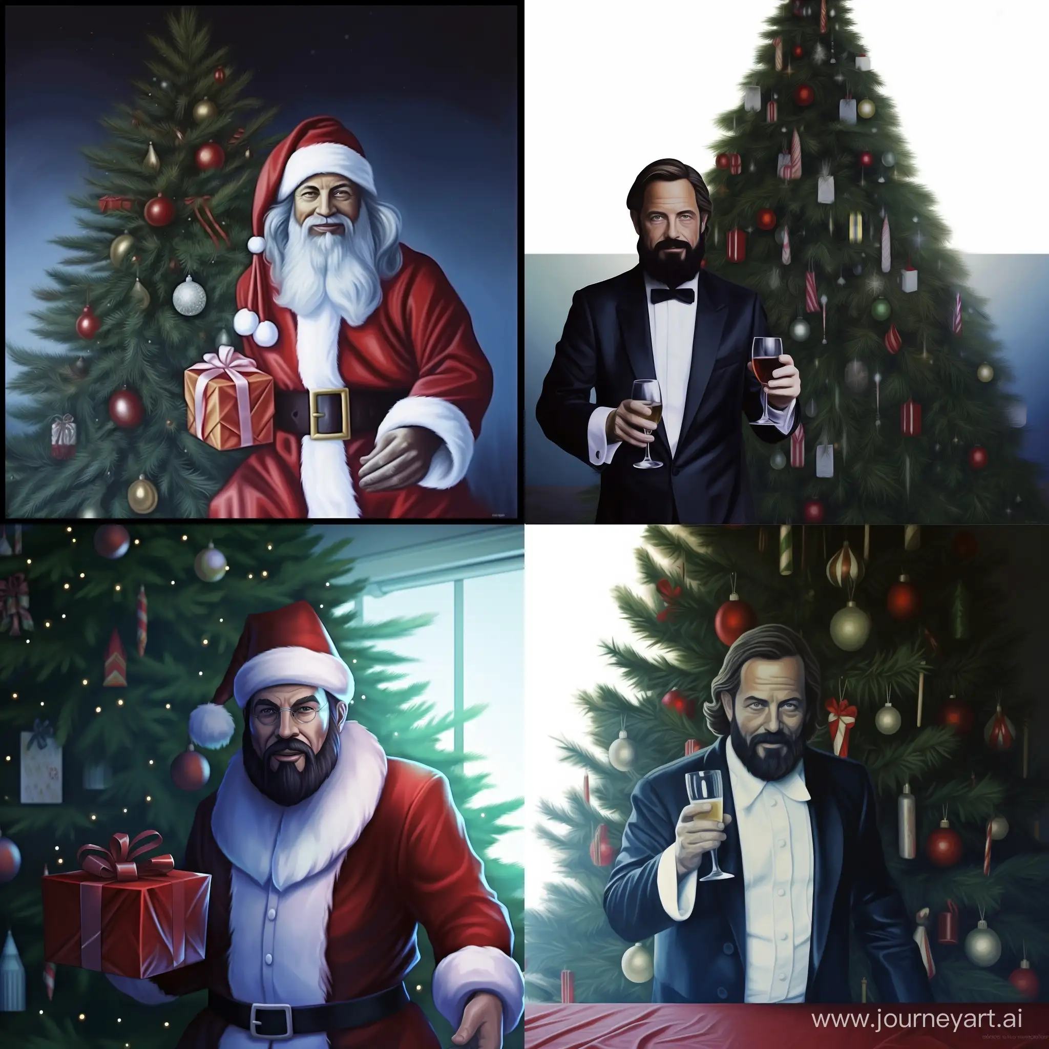 A man with a Guy Fawkes mask, standing by a Christmas tree, a man holding a glass of champagne, Photorealism