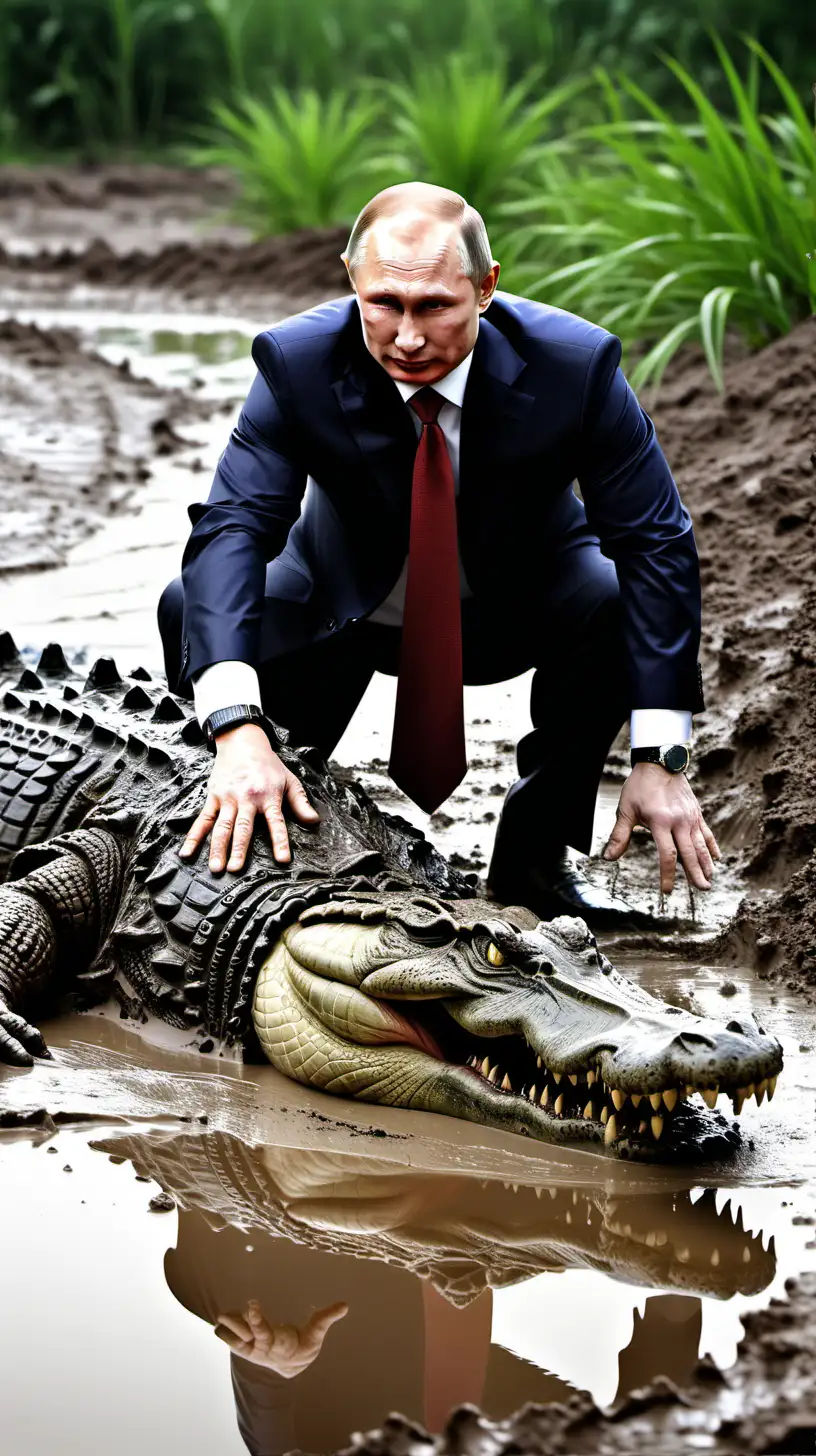 Pladimir Putin Playing with a Big Crocodile in Mud during Late Afternoon
