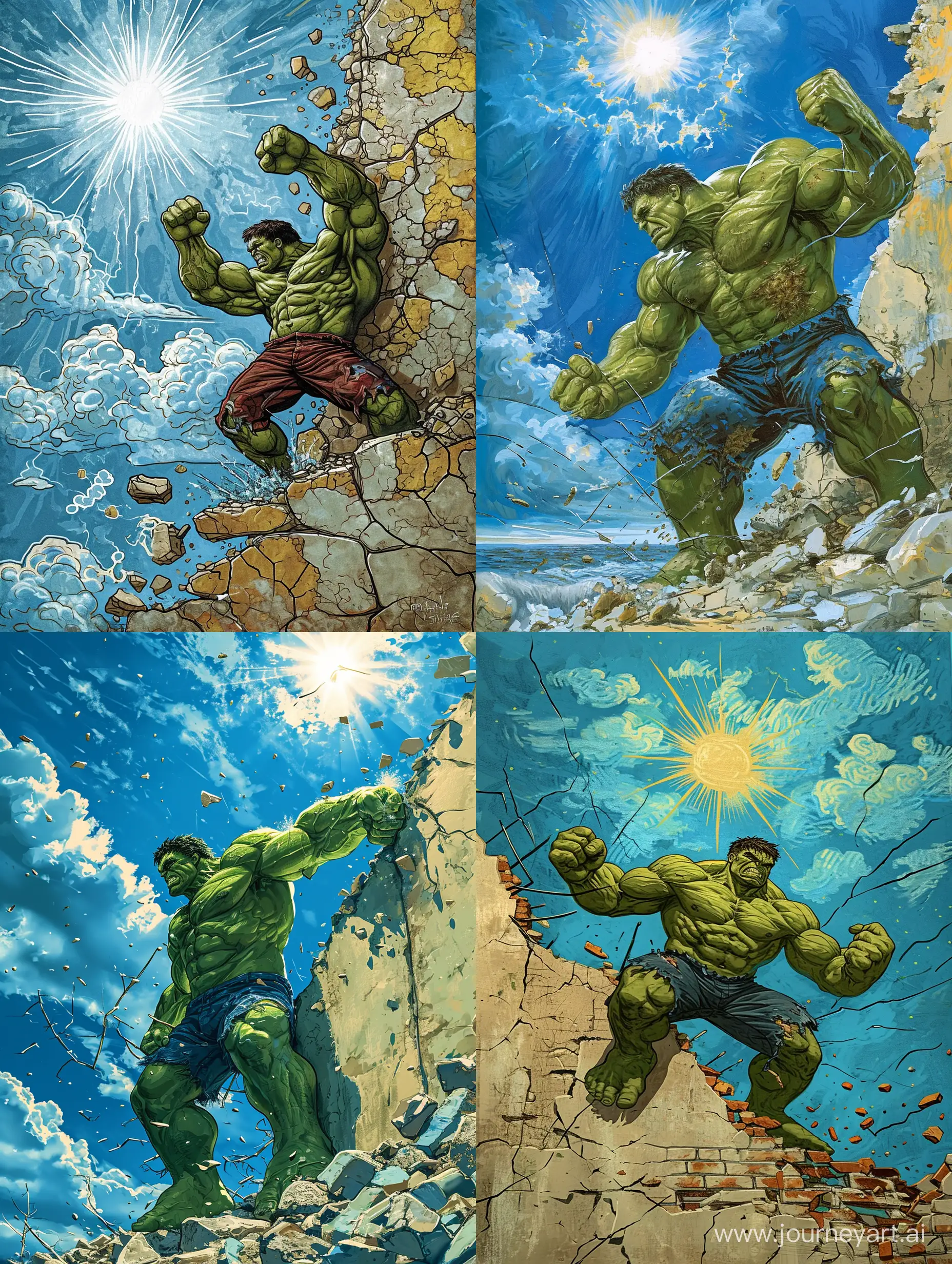 Hulk-Smashing-Wall-in-Van-Gogh-Style-under-Sunny-Blue-Sky