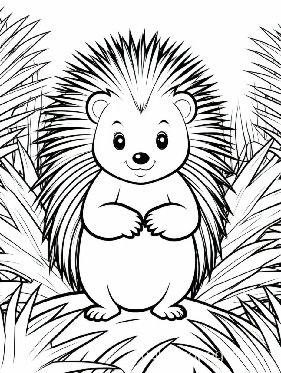 Baby porcupine, jungle background, Coloring Page, black and white, line art, white background, Simplicity, Ample White Space. The background of the coloring page is plain white to make it easy for young children to color within the lines. The outlines of all the subjects are easy to distinguish, making it simple for kids to color without too much difficulty