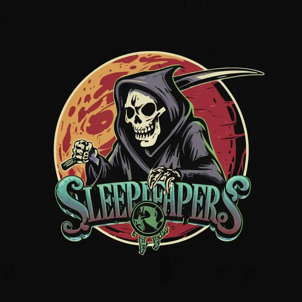 logo, Grim reaper
Planet
, with the text "Sleep Reapers", typography