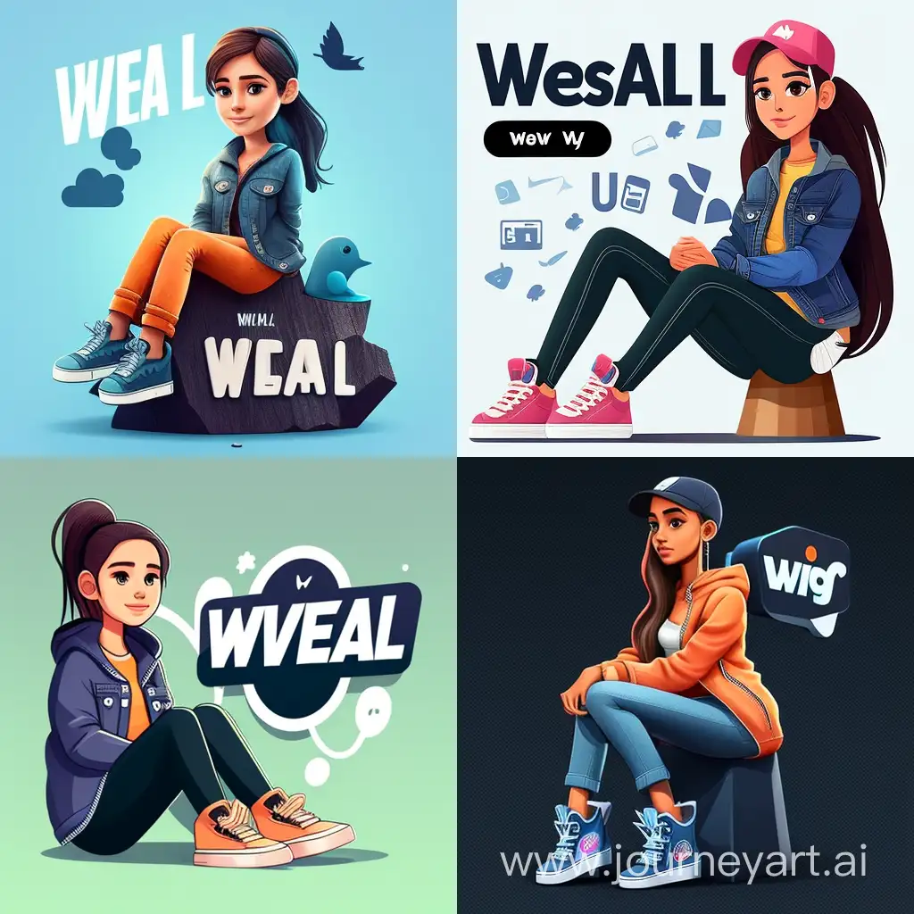 create a 3D illustration of an girl animated character sitting casually on top of a social media logo "WEPLAY". The character must wear casual modern clothing such as jeans jacket and sneakers shoes. The background of the image is a social media profile page with a user name "Jasmine" and a profile picture that match.