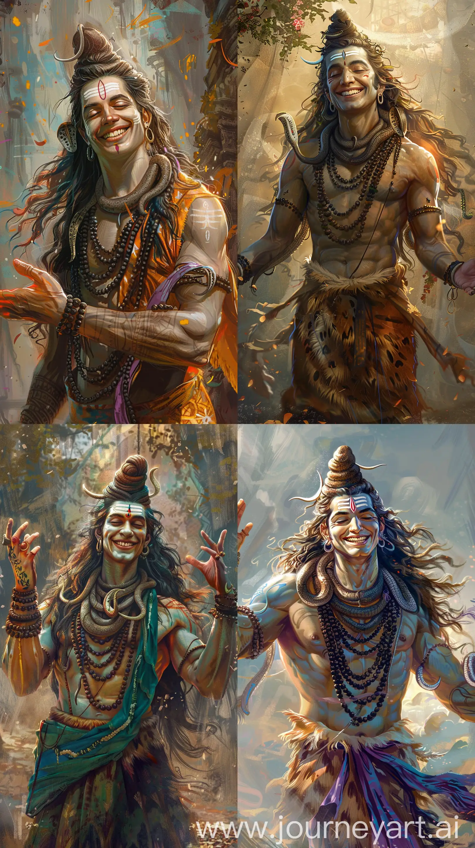 Realistic digital painting of Lord Shiva from Hindu mythology, smiling face, open arms in a welcoming embrace, serene and tranquil background, intricate details on attire, UHD --ar 9:16 --v 6
