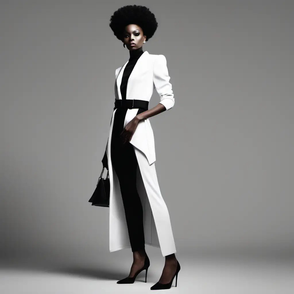 fancy black and white outfit on dark runway of black woman