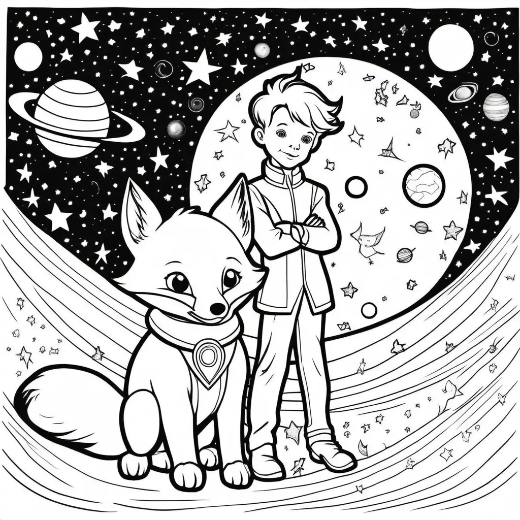 Adorable Little Prince and Fox Coloring Page with Starry Background