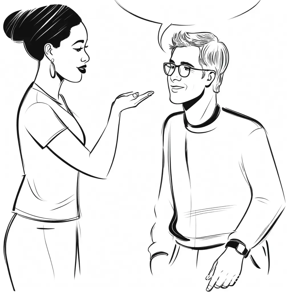 finish this illustration of a black woman and a white man having a conversation, color it the colors should look pleasing and fun, fix the proportions if needed, give them casal clothes like a t-shirt 