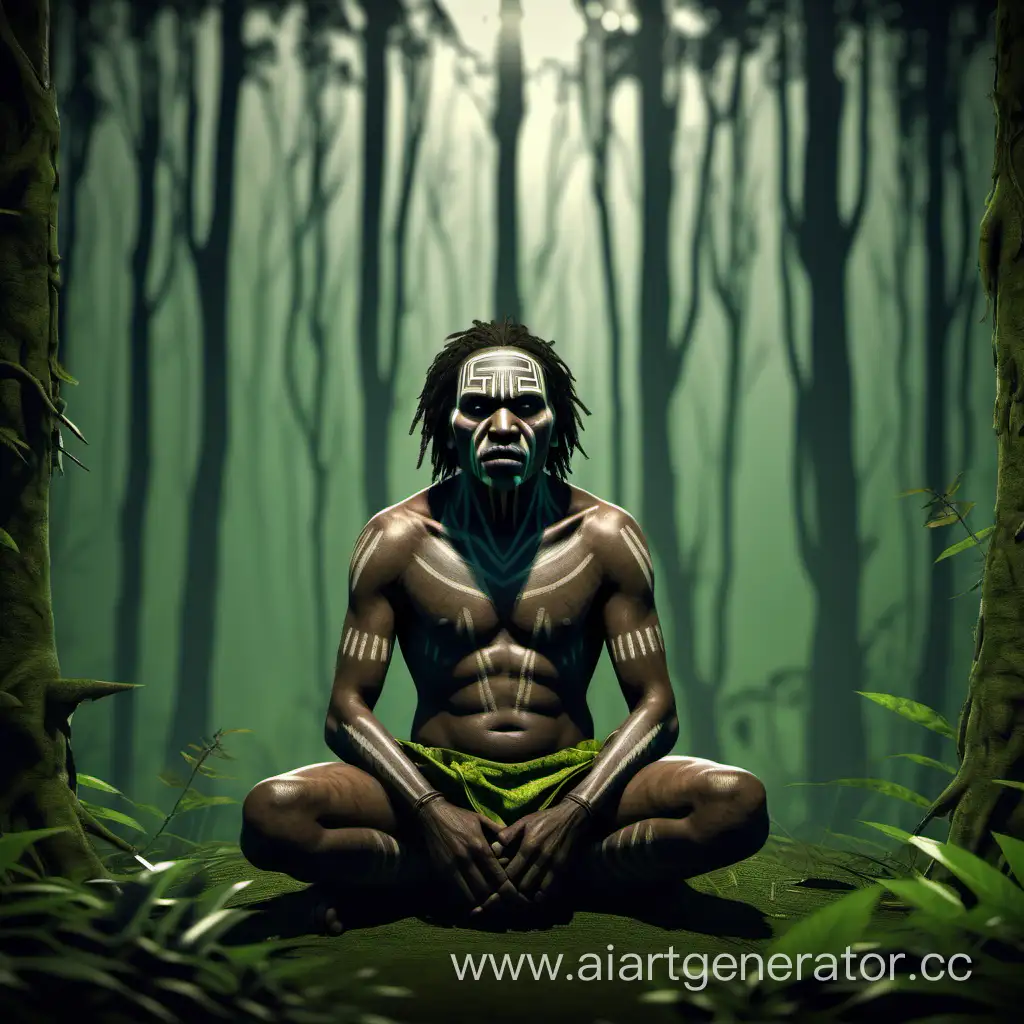 абориген из игры the forest, зеленый, сидит перед экраном на фоне леса, страшный