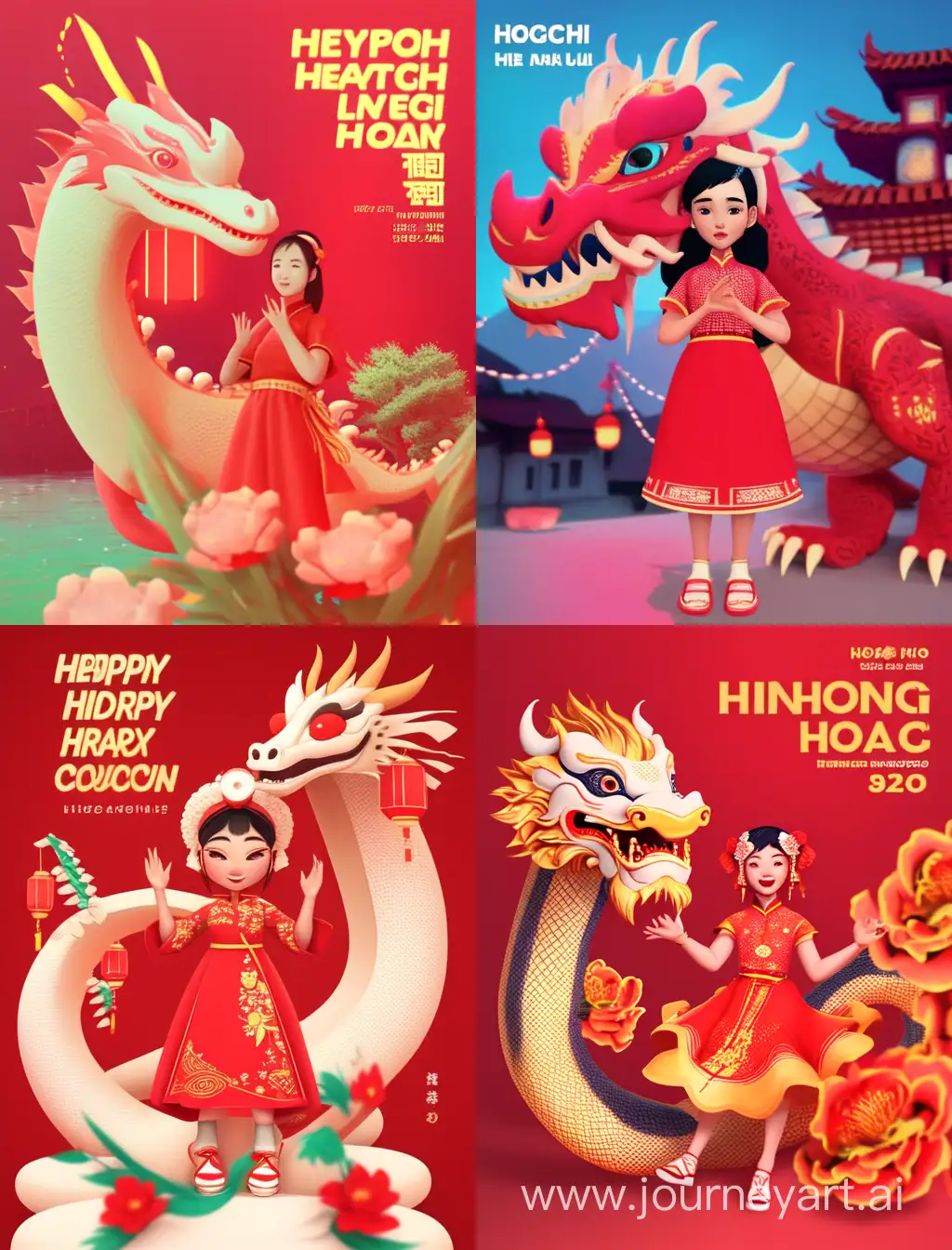 An asian girl in red dress, in wishing pose for lunar new year, theme colors are red, gold, pastel yellow, background display text 2024 and image of dragon and westlake hanoi, clay 3d render, style cute, 
