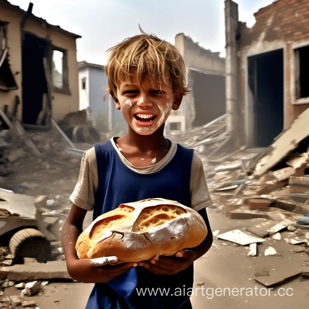 give me a picture of a boy with a dusty head holding a loaf of bread in his hands among the broken houses. Tear in one eye of the child and laugh in the other. let the tank be visible on the back